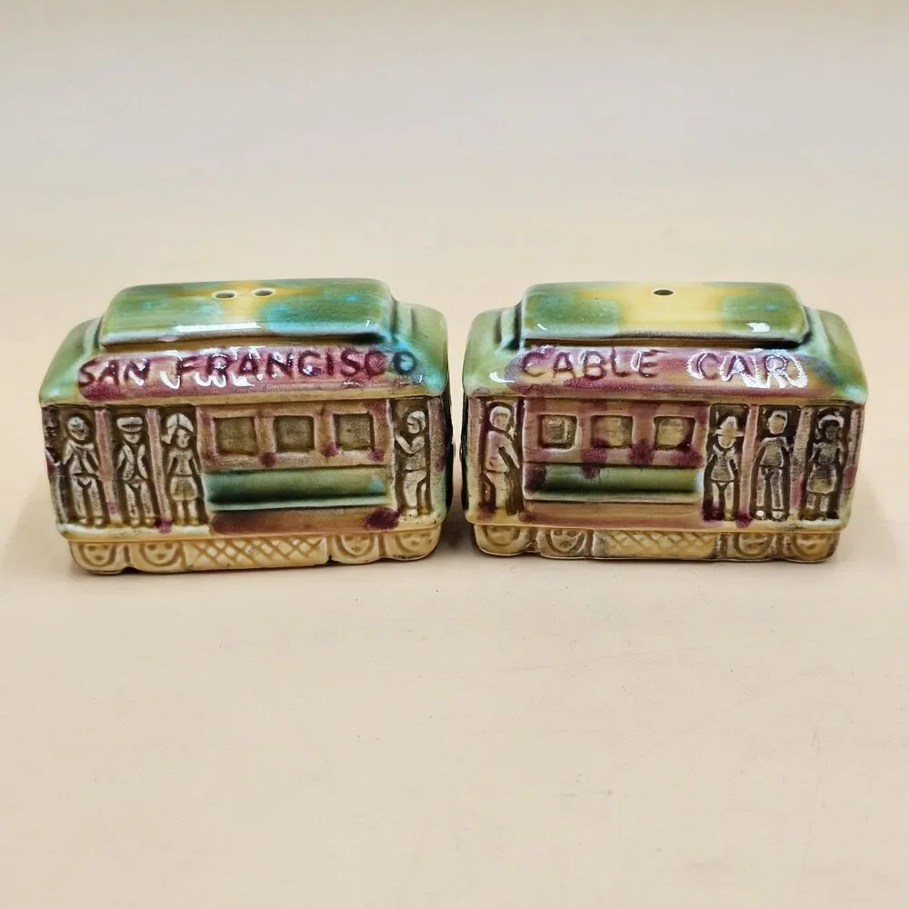 Vintage San Francisco Cable Street Car Salt & Pepper Shakers Ceramic Japan 2